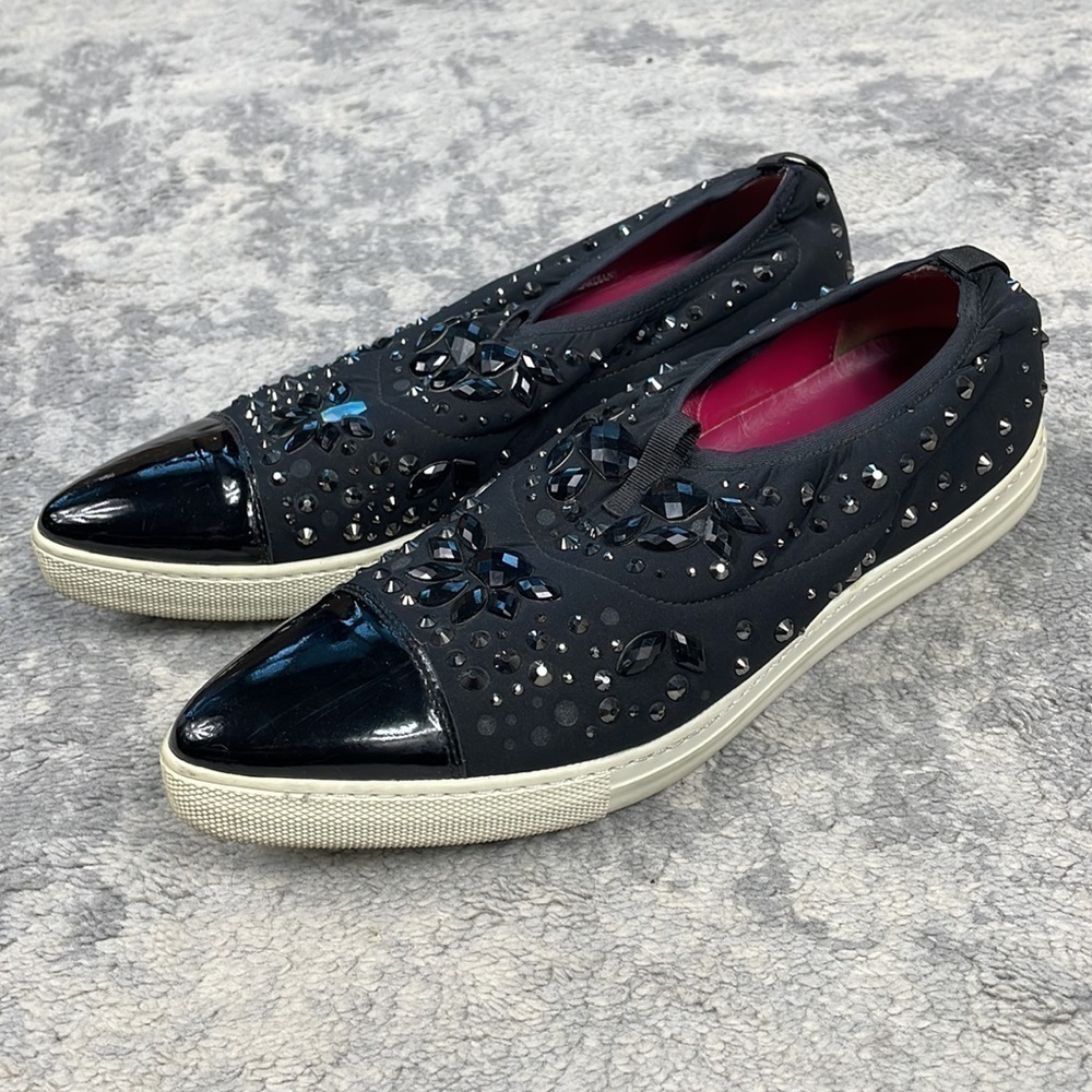 Alberto Guardiani Pull On Sneaker Patent Leather Cap Toe Jewel Studs Black 39